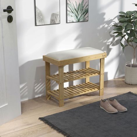 Banc à chaussures en bambou, étagère à chaussures à 3 niveaux, style scandinave, 60 x 29 x 49 cm, crème et bois naturel (1/5)