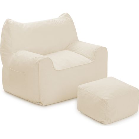 Erwachsene Sitzsack mit Fußbank, Armlehne & Füllung - Große Katzenform, Outdoor Sitzsack, bequemer Bodensessel für Wohnzimmer, Schlafzimmer, 90cm Beige