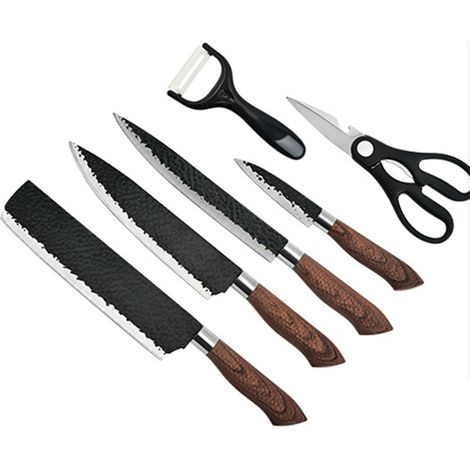 Set mit 6 multifunktionalen und ergonomischen Messern aus gehämmertem Edelstahl mit Holzgriffen für die heimische Küche (1/5)