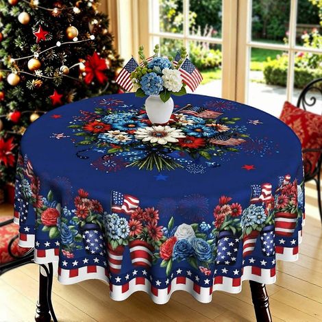 Nappe ronde imprimée en 2D à motif floral patriotique étoiles et rayures (1 pièce) Décoration pour salle à manger intérieure, jardin, fêtes et célébrations Cadeau idéal (1/4)