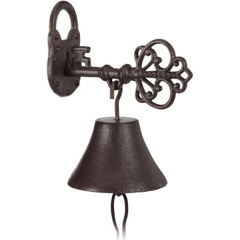 Set of 4 Relaxdays Cast Iron Door Bells, Key and Lock, Nostalgic Charm for Home and Garden, Country House, Rusty Brown