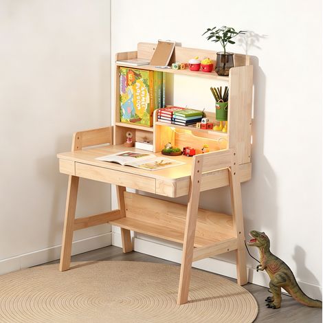 Escritorio infantil regulable en altura, escritorio en madera maciza, con LED, USB, cajón, color natural (1/5)