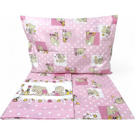 Completo Lenzuolo Pedro per Lettino – 100% Cotone Decorazione Orsetto, Made in Italy, Set 3 Pezzi Rosa