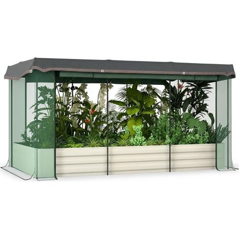 Bac de jardin surélevé galvanisé 3-en-1 : arrosage auto, serre & filet anti-insectes, Rectangle, 180x90x30cm, Beige (1/5)