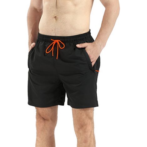 1 short homme, noir, en nylon, poches zippées, taille ajustable avec cordon, pour sport et plage (1/5)