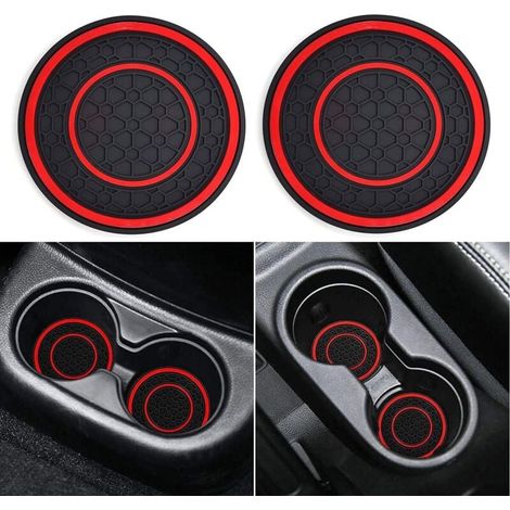 Dessous de verre pour voiture, lot de 2, dessous de verre universels antidérapants pour voiture, accessoires pour l'intérieur de la voiture (rouge) (1/4)