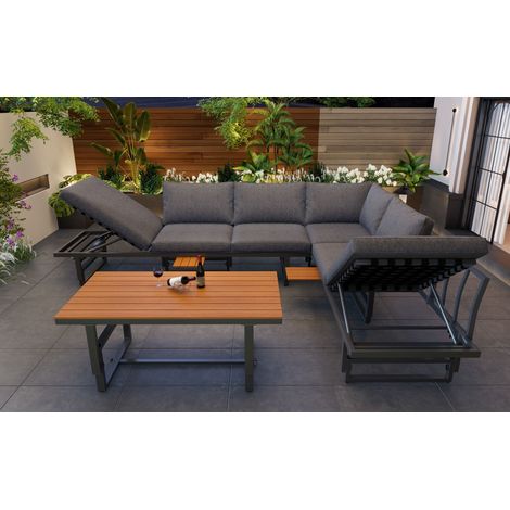 Set de jardin gris, 2 canapés et table ajustable, 3 pièces, structure fer laqué, dossier inclinable, bois d'acacia, coussins et assises inclus (1/4)