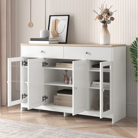 Sideboard 120x37x80 cm in MDF bianco e rovere, con contenitore per soggiorno FloraGrace (1/5)
