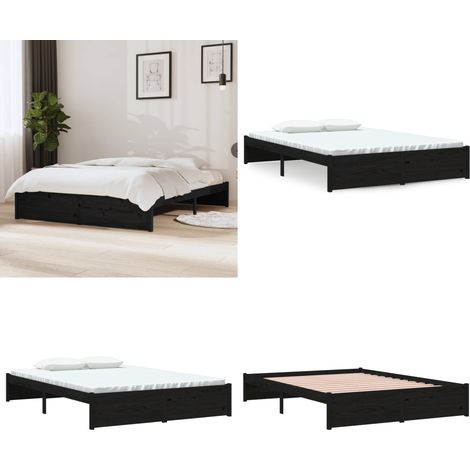 Cadre de lit sans matelas noir bois massif 140x190 cm - Cadre De Lit - Lit Double - Bois Massif - Lit Design - Chambre À Coucher - Home & Living (1/5)
