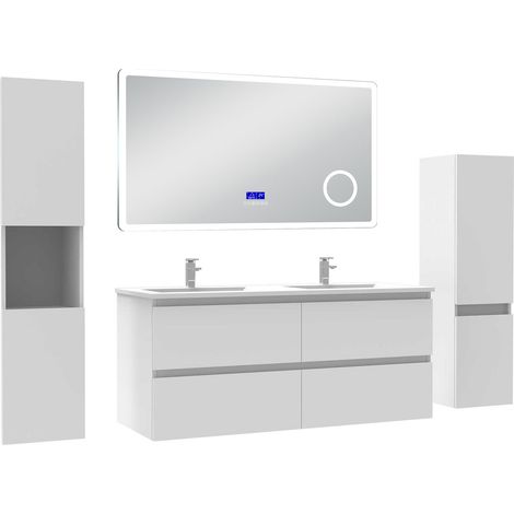 Acezanble ensemble meuble 120 cm blanc avec 4 tiroirs à fermeture automatique, lavabo céramique + miroir salle de bain Bluetooth + 2 colonnes, suspendu