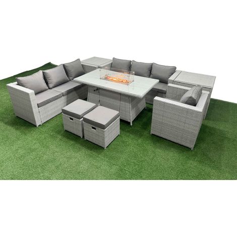 Fimous 9 Seat PE Rattan Lounge Sofa Set Outdoor Garden Furniture Set with Firepit Dining Table 3 Seater Sofa 2 Small Stools 2 Side Tables Light Grey (1/5)