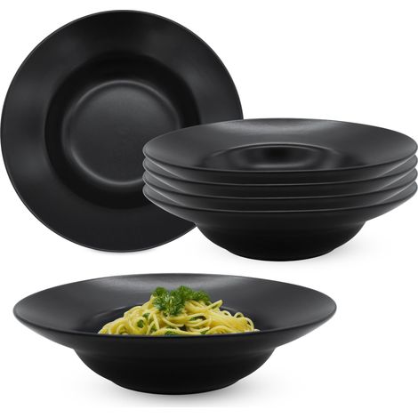 Feinkeramik Pastateller schwarz matt - 6er Set - Keramik Nudelteller tief Ø 24 cm