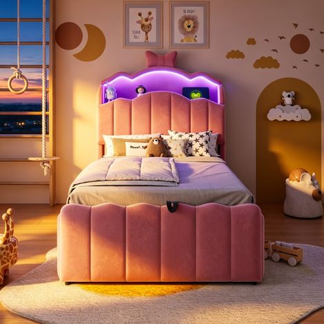 Letto per bambini 90 x 200 cm con contenitore idraulico, LED, USB, rosa DESVIAE (1/5)