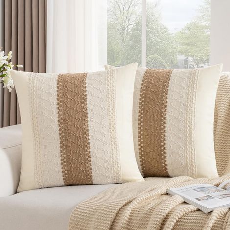 Funda de almohada decorativa tejida a rayas con textura marrón bohemia de 45 x 45 cm, funda de cojín de sofá de estilo rústico moderno para decoración del hogar, sala de estar, dormitorio, juego de 2 (1/5)