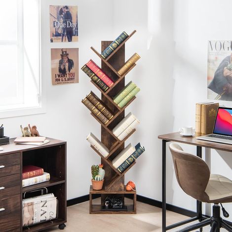 COSTWAY Estantería en Forma de Árbol de 10 Estantes con Cajón/Estante de Pie de Árbol para CDs, Libros, Dormitorio, Sala de Estar Oficina 38 x 21,5 x 149,5 cm (marrón) (1/5)