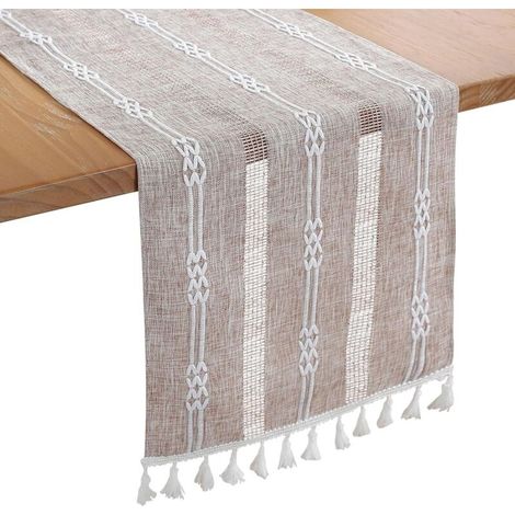 Broderie Lin Chemin de Table Intérieur Extérieur Ferme Style Café Chemin de Table 183cm avec Glands à la Main pour Pique- Mariage 33x183CM-Café (1/4)