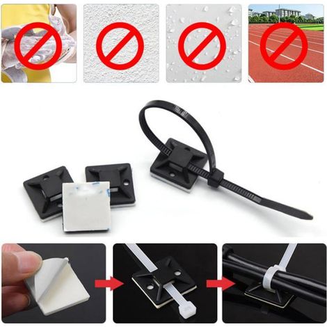 Lot de 300 supports adhésifs serre-câbles 20×20mm noir, fixation câble sans percage, organisateur maison bureau Cuneary (1/5)