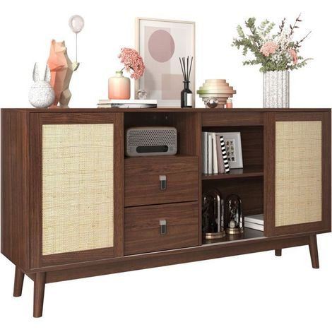 Buffet 160x40x80, portes coulissantes rotin, 2 tiroirs Buffet, pieds bois massif, rangement généreux (1/5)