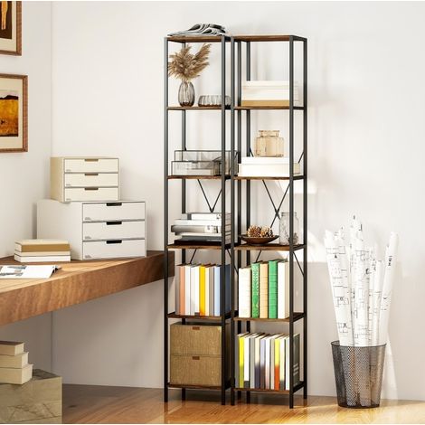 Libreria a 6 ripiani, set da 2, 30 x 30 x 174,5 cm, acciaio, marrone rustico DESVIAE (1/5)
