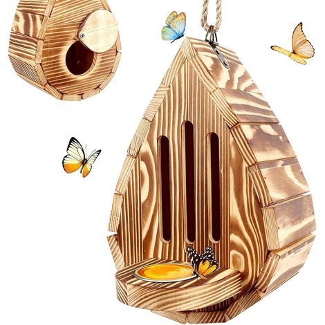 Habitat papillon en bois en forme de larme avec mangeoire intégrée, corde de suspension incluse, abri d'extérieur rustique pour décoration de jardin (1/5)