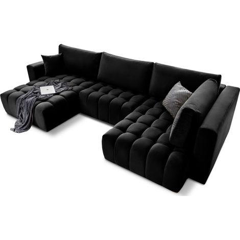 Canapé d'angle BONITA convertible 6 places noir effet velours – gauche – 350x175cm (1/3)