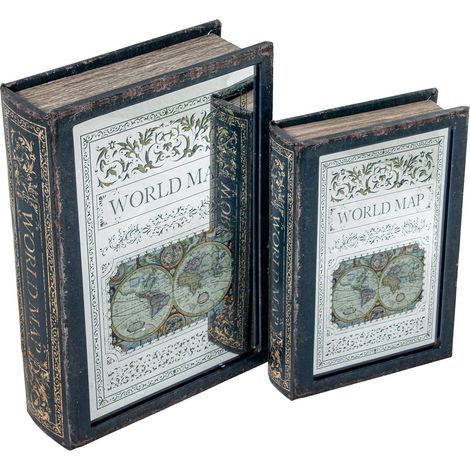 Lot de 2 caisses livre en bois MDF avec miroir et intérieur en velours vert et blanc 30 x 20 x 7 cm et 24 x 16 x 5 cm (1/3)