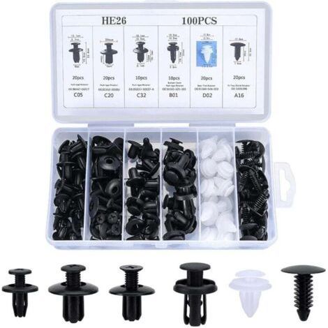 100 Pièces Clips Voiture Universel, 6 Taille Clips de Fixation Voiture Outils, Rivet Plastique, Agrafes Carrosserie pour Pare-Chocs Porte de Voiture Fender Push Kit de Remplacement (1/5)