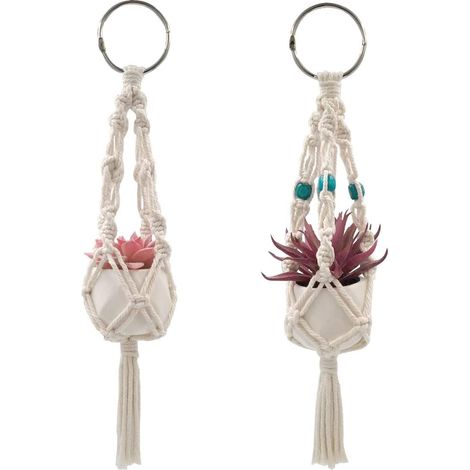 Macrame Plant Hanger - Cotton Cord Hanging Planter Holder for Indoor Plants - Boho Wall Decor for Living Room Bedroom Office - 2 Pack with Artificial Succulent
