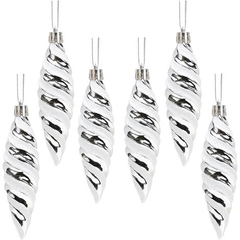 Lot de 6 boules de Noël en spirale de grande taille (110 mm) - Décorées de paillettes brillantes - Décorations pour sapin de Noël (Argent) (1/4)