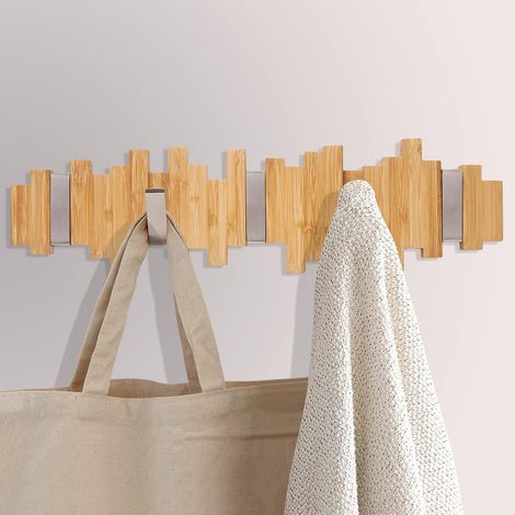 GENERIC-Portemanteau Mural en Bois - Patères Portemanteaux avec 5 Crochets Métalliques Rabattables pour Manteaux, Vestes, Chapeaux, Sacs, Couloir, Chambre, Salle de Bain 40cm (1/4)