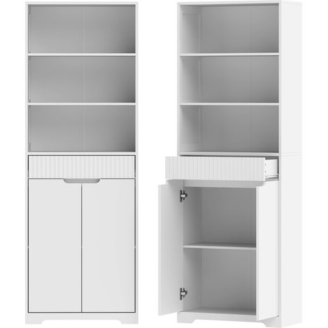 Meuble vasque salle de bain blanc, 2 portes à fermeture amortie, tiroir, 3 niches ouvertes et étagères ajustables. (1/5)