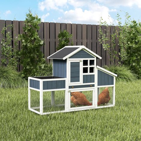 Pollaio Prefabbricato in Legno con Area Aperta, Pollaio per Galline da Esterno, Casetta per Galline e Nido per la Cova, Aiuola e Tetto in Asfalto, Grigio (1/5)