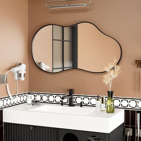 Miroir Mural Asymétrique Irrégulier, 50 x 90 cm Cadre Nuage, Miroir Artistique de Courtoisie, Miroir Décoratif Noir de Forme Unique pour Salon, Chambre, Couloir (1/5)