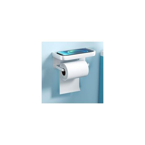Soporte para papel higiénico de aluminio (blanco) sin necesidad de taladrar, con estantes espaciosos, autoadhesivo y de montaje en pared para baño y cocina. (1/4)
