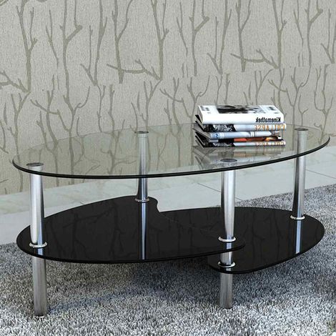 Table basse à 3 niveaux en verre trempé et métal noir, 90 x 45 x 43 cm - PANGIVO (1/4)