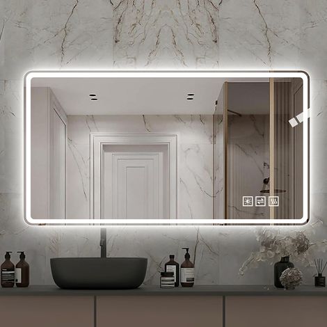LED-Badezimmerspiegel 100x60 cm aus gehärtetem Glas, silber, beschlagfrei – MEUBLIV (1/5)