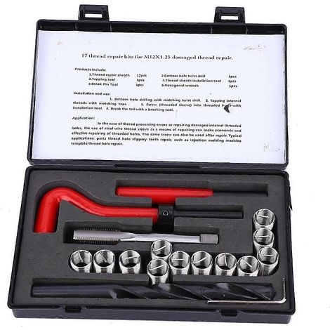 Kit de réparation de filetage 17 pièces, clé à embout spiralé en acier inoxydable, insert fileté M12x1,25