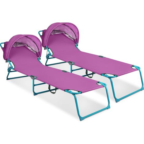 Lot de 2 chaises longues de plage avec auvent - 4 positions réglables et pliables - Chaise longue d'extérieur robuste pour piscine, terrasse, bain de soleil, pelouse, UPF 50+, violet (1/5)