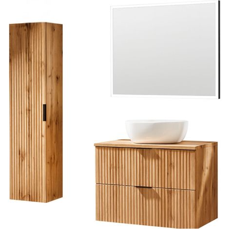 Set bagno NOXERA 80 cm - Rovere Wotan - Mobile sottolavabo con lavabo, specchio LED e colonna sospesa
