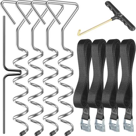 Kit d'Ancrage Trampoline 4 Pièces Acier Galvanisé Piquets Tire-Bouchon Sangles Renforcées Sécurité Jardin Anti-Vent (1/5)