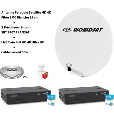 Kit Antenne Parabole Sat HD 4K Fibre SMC Blanche 85cm WORLDSAT + 2 Décodeurs Strong SRT 7407 FRANSAT + LNB Twin 4K HD + Câble 50m (1/5)