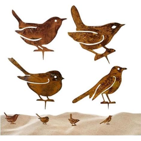 Piquet d'arbre à oiseaux en métal, figurines d'oiseaux en fer rouillé Sculpture d'art de cour debout pour femme,décoration de (1/4)