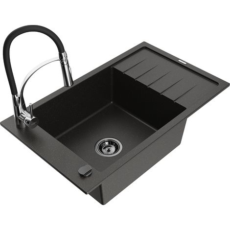 Mexen Elias lavello in granito a 1 vasca con scolapiatti e rubinetto cucina Aster, nero/oro metallizzato - 6511-75-73450-07-B (1/5)