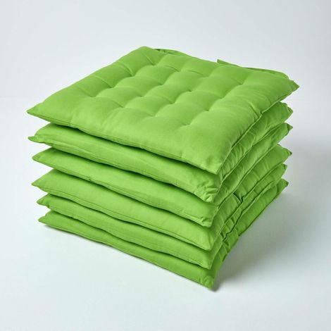 HOMESCAPES Lime Green Plain Seat Pad with Straps 100% Cotton 40 x 40 cm, Set of 6 (1/5)