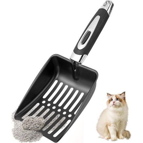 Paletta per lettiera per gatti in acciaio inossidabile resistente con manico antiscivolo (nera) (1/5)