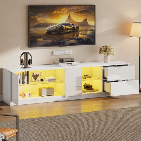 Mobile TV 160 x 40 x 52 cm, LED, 2 cassetti, 1 anta, MDF bianco lucido, per TV 65" DESVIAE (1/5)