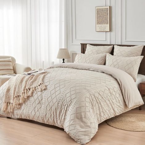 Housse de Couette 220x240 Bohème Beige Tuftée Parure de Lit Bohème Style Géométrique Grille Carrée Linge de Lit 2 Personne Adulte avec Fermeture Éclair avec Taies d'oreiller 65x65 cm (1/5)