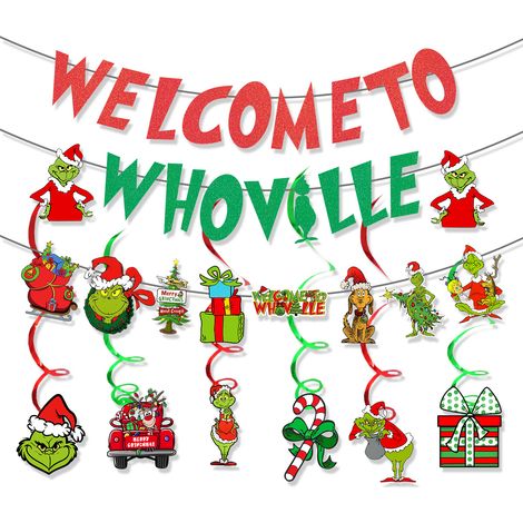 Décoration de noël, drapeau à tirer, ensemble de décoration suspendue en spirale, Grinch, arrangement de fête de noël, lettre suspendue YMYNY (1/5)