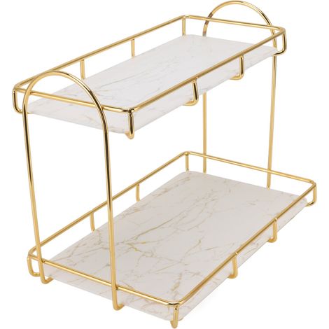 Étagère de rangement pour salle de bain, dorée et blanche, à 2 niveaux, pour maquillage, structure ergonomique, antidérapante, format L (1/5)