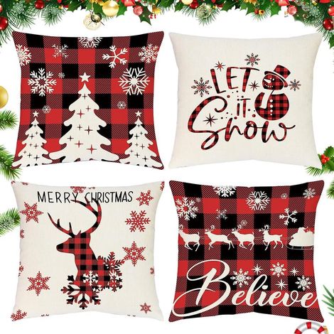 4er-Set Weihnachtskissenbezüge, 45 x 45 cm, roter Weihnachtskissenbezug, Kissenbezug mit Weihnachtsmotiv, dekorativer karierter Weihnachtskissenbezug, Weihnachtsdekoration (1/5)
